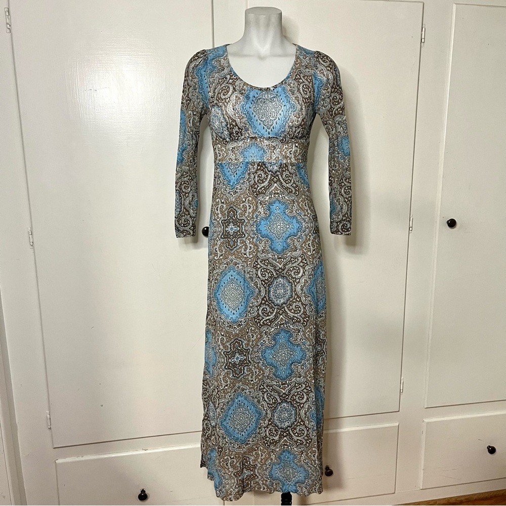 Vintage Blue and Brown Groovy Print Mesh Lace Long Sleeve Maxi Dress